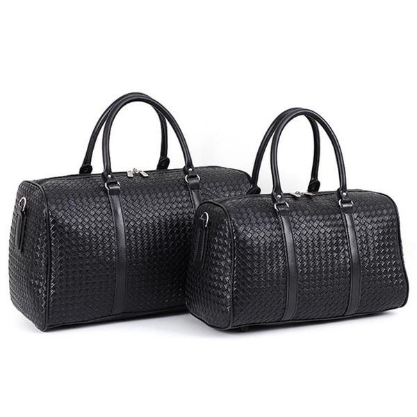 Bolsas de lona Bolsa de viaje tejida Bolsos de cuero de PU de gran capacidad Bolsos de cuero negro para hombres y mujeres Crossbody Viaje corto Equipaje ToteDuffel