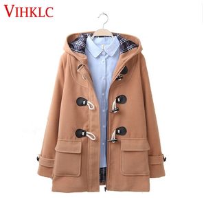 Duffle Coat Long Turn Down Corne Bouton Col À Capuche Pardessus En Laine Taille Large Manteau Femme Out Wear Manteaux D'hiver LJ201202