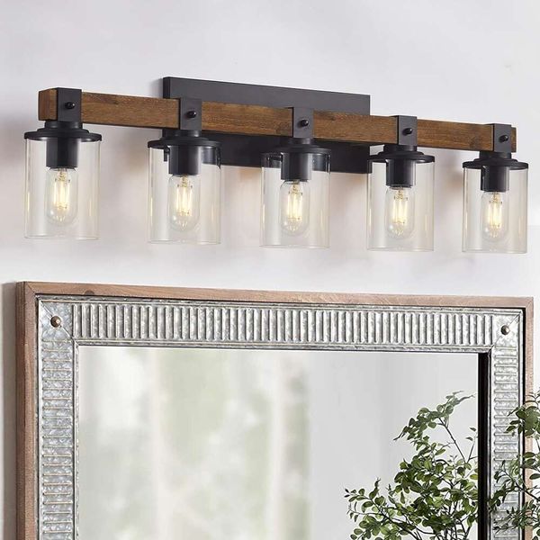 Lampe de vanité en bois de Dujahmland 6-Light avec des nuances de verre transparentes - Disponxe mural industriel pour décor de salle de bain de la ferme