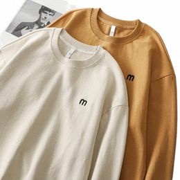 Dukeen 340gsm Zwaar Geborduurd Sweatshirt Mannen Effen Lg-Mouwen T-shirt Ronde Hals Losse Trend Solid Coloe Tops 55Fn #