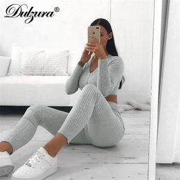 Dulzura 2019 Autumn Winter Winter Women Clothing Two -Pally Set Pants Outfits Tracksuit Crop Top Bandage Sexy Streetwear Co Ord Set T200718