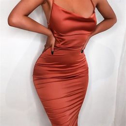 Dulzura Neon Satin Lace Up Summer Women Bodycon Lang Midi -jurk Mouwloze Backless Elegant Party Outfits Sexy Club Cloths 220630