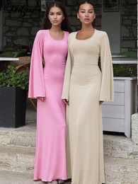 Dulzura solide côtelé trompette manches Maxi robe dos lacets bretelles élégant décontracté automne hiver pour les femmes anniversaire 240219