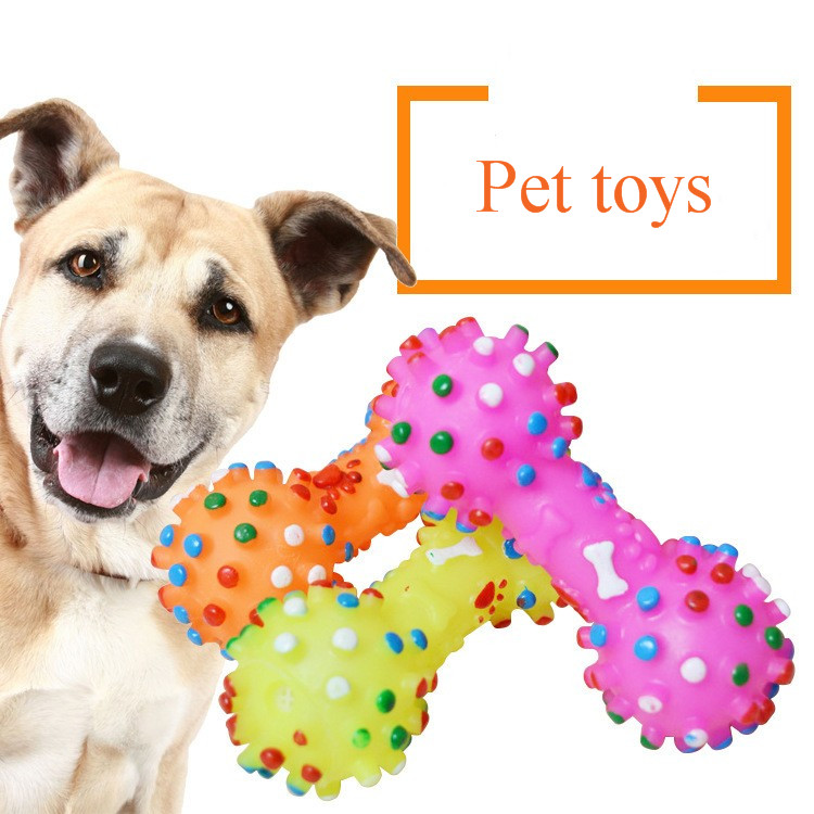덤벨 개 장난감 다채로운 점선 덤벨 모양의 강아지 장난감 짜기 삐걱 거리는 가짜 뼈 애완 동물 씹는 장난감 개를위한