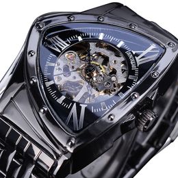 Duncougar Triangle squelette noir montre automatique en acier inoxydable hommes affaires Sport montre-bracelet mécanique irrégulière