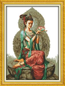 Pintura de decoración del hogar femenina de loto de Dunhuang, bordado de punto de cruz hecho a mano, juegos de costura contados, impresión en lienzo DMC 14CT / 11CT