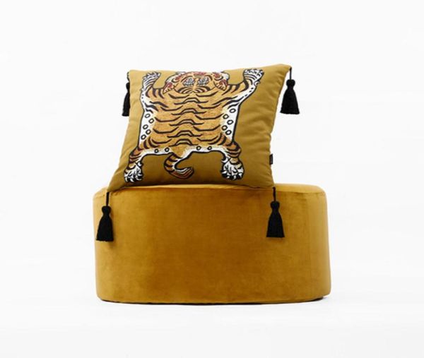 Dunxdeco Coushion Coushion Case de almohada cuadrada decorativa Vintage Tiger Tigre Tassel Soft Velvet Coussin Sofá Silla Casa 213872439