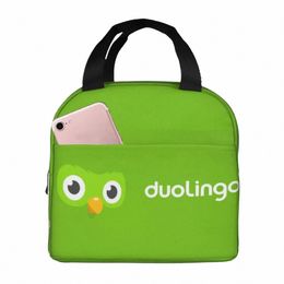 Duolingo Owl Duo 1 Sac à lunch isolé Sac de pique-nique imperméable Boîte à lunch thermale cool tote de déjeuner pour la femme Work Kids School E1JS #