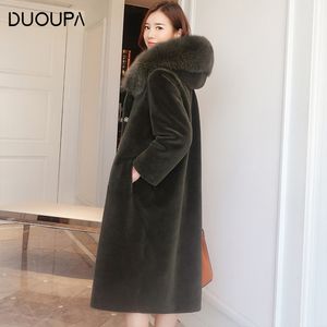 Duopa Hiver Mode Manteau Femme Manteau Femmes En peau de mouton Fourrure Fourrette Véritable en peau de mouton en peau de mouton véritable fourrure à capuche