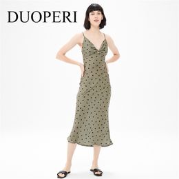 Duoperi Dames Dot Dress Gathered V-hals Satijn Dunne band Cozy Elegant Lady Woman Midi 210623