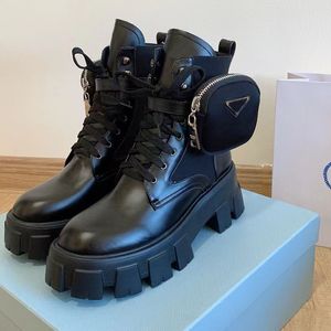 Dupe Monolith Boots Pochette en nylon détachable Botte de combat Hommes Femmes Fond épais Chaussures mi-longues Hiver Cuir de veau Martin Taille de chaussure 35-45