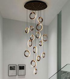 Lampes suspendues Duplex tournant escalier LED lustre salle à manger salon anneaux en aluminium moderne luxe villa hall noir/or suspension