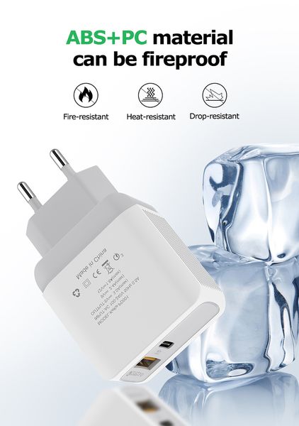 Durable en utilisation Charge rapide 3.0 PD Chargeurs 18W USB Type C Adaptateur de chargeur de téléphone portable pour iPhone Samsung EU US Plug Double port Charge rapide