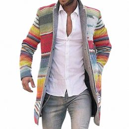 Manteau durable Hommes Polyester respectueux de la peau Automne Hiver Rainbow Stripes Manteau Manteau Ouvert Frt f7fY #