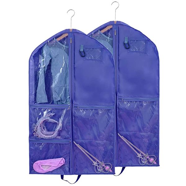 Bolsas de vestuario de baile de poliéster duraderos con bolsa de prenda plegable de refuerzo 40 pulgadas para concursos de baile con bolsillos transparentes con cremallera