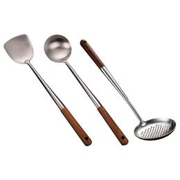 Durable portátil de acero inoxidable utensilios de cocina utensilios de cocina wok espátula cuchara skimmer cucharón conjunto Y220530