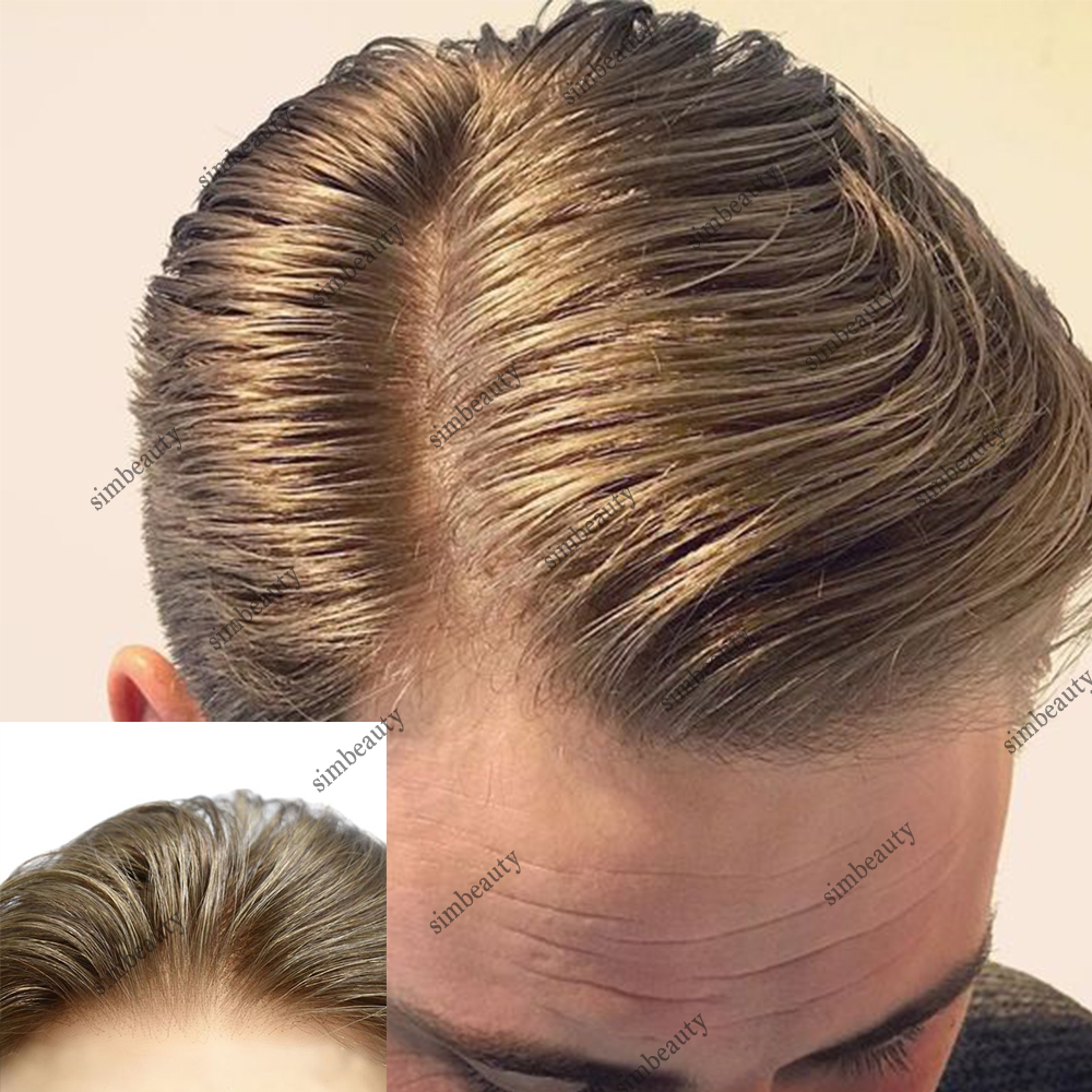 Trwałe super cienkie pełne PU 0,02 mm baza męska peruka włosy popiołowa blond fala man toupee naturalna linia włosów protezy kapilarne Męska jednostka męska