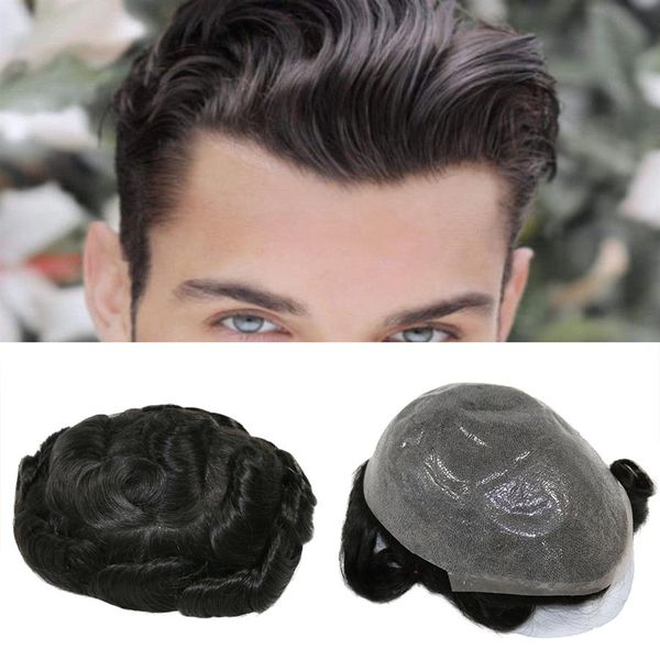 Toupee duradero 0 06-0 08 mm Piel Aspecto natural Remy Cabello humano Hombres peluca Reemplazos completos de PU Pelucas 261H