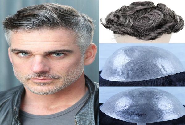 Pelucas duraderas para hombre, cabello humano Remy marrón, gris mezclado, piel de PU fina, peluquín Natural para hombres, sistema de reemplazo 6027236