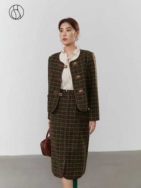 DUSHU Fragancia a cuadros Faldas para mujer Conjuntos Costuras de cuero Abrigo de lana corto Traje de falda larga Retro Verde A cuadros Mujeres Chaquetas de invierno 240118