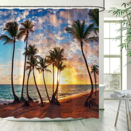 Dusk Ocean Landscape Shower Rideaux Sunset Sea Waves Beach Hawaiian Bath Bath Curtain Fabric de salle de bain décoration de salle de bain avec crochets