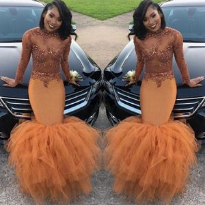 Dust Orange Black Girl Mermaid Prom Dresses lange mouwen kralen halter nek plus size avondjurken lovertjes vloer lengte tule formele jurk 407