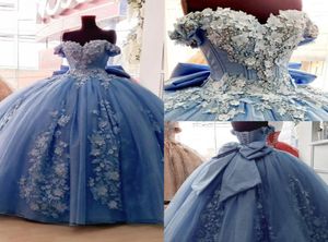 Stoffig blauw 2022 baljurk quinceanera jurken kanten appliqued van de schouder kralen promjury sweep trein tule sweet 15 masker3438836