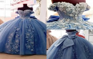 Stoffig blauw 2022 baljurk quinceanera jurken kanten appliqued van de schouder kralen promjury sweep trein tule sweet 15 masker1332882