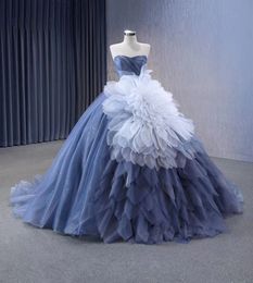 Robe de bal de fleur détachable bleu poussiéreux robes quinceanera robes de bûche à épaule