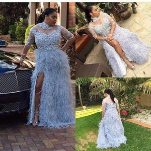 Dusty Blue Feather Plus Size Prom Dresses met Half Mouwen Sheer Hoge Hals Split Side Avondjurken A-lijn Applique Lange Formele Gastjurk