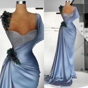 Dusty Blue Glitter Corset Crystal Mermaid Prom Dresses Beaded African Sexy Satijnen Sweep Train Women Formele Avondjurken