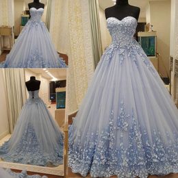 Dusty Blue Lace Up Prom Dresses 2017 Sweetheart Kant Applicaties Tule A Line Avondjurken Sweep Train Saoedi-Arabië Formele Wear Vestidos