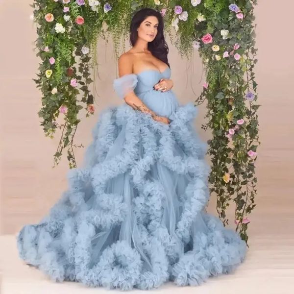 Vestidos de maternidad azul polvoriento para fotografía, vestido elegante de tul con volantes para sesión de fotos, vestido Maxi de novia para mujer BJ