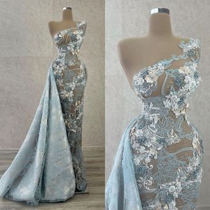 Dusty Blue sirène robes de bal avec train détachable 2023 dentelle florale une épaule Aso Ebi arabe robe de soirée vestidos de novia