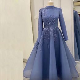 Stoffige blauwe moslim prom jurk hoge kraag volle mouw avondjurk enkel lengte Midden -Oosten vrouwen Arabische Dubai gewaden 326