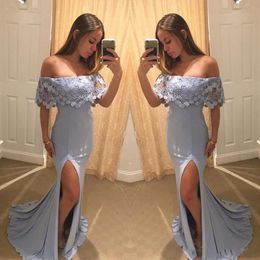 Dusty Blue Prom Dresses Sexy Lace Off The Shoulder Side Split Evening Jurken Goedkope Meramaid Formal Party Dress Custom Made