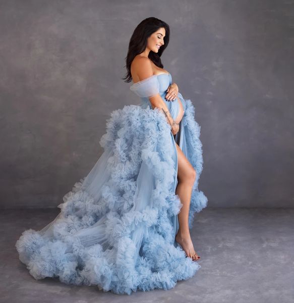 Vestidos de fiesta de tul con volantes en azul polvoriento Vestido de maternidad con hombros descubiertos Vestido largo y esponjoso para sesión de fotos de embarazo Vestidos de fotografía extra hinchados