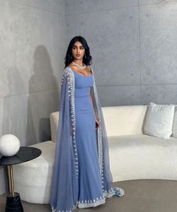 Robe de soirée en Satin bleu poussiéreux, avec Cape longue en mousseline de soie, longueur au sol, robe de bal élégante, 2023