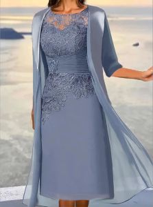 Bleu poussiéreux courte mère de la mariée robes avec veste 2024 a-ligne en mousseline de soie dentelle appliques perlée marié robe de soirée pour mariage grande taille