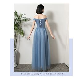 Dusty Blue Tulle Lange Bruidsmeisjekleding 2020 Nieuwe Bruiloft Jurk Lace Up Maxi Jurken vestido para festa301Q