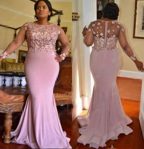 Dusty Pink African Mermaid Avondjurken met Florals Plus Size Illusion Lange Mouwen Black Girl Prom Dresses Satin Engagement Togs 2020