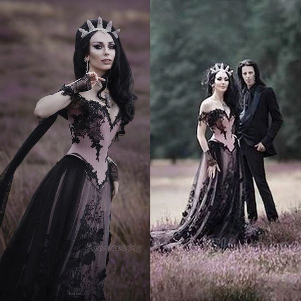 Vestido de novia gótico rosa polvoriento y negro con hombros descubiertos, corsé, línea A, vestidos de novia Steampunk, apliques de encaje, Vestido de Novia vintage con cordones en la espalda