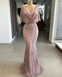 Robes de soirée arabe rose poussiére porte vintage en dentelle Ve en V Verbe V Mermaid Perles Crystal Robe Prom Fête Forme Deuxième Robes de réception