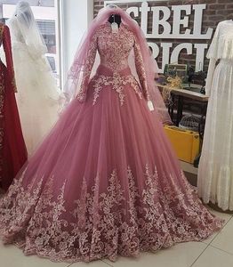 Stoffige roze baljurk hoge hals moslim trouwjurken met lange mouwen kant tule prinses Dubai vrouwen Arabische bescheiden niet-witte bruidsjurken