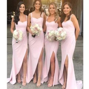 Stoffige roze bruidsmeisje jurken schede chiffon op maat gemaakte plus size riemen zijkant spleet land strand bruiloft bruidsmeisje vestidos formele avondkleding
