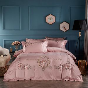 Dusty roze borduurwerk bloemen luxe beddengoed set Egyptische katoen koningin kingsize bed set dekbedovertrek laken set kussen shams t200706