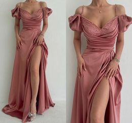 Robe de soirée en Satin rose poussiéreux, tenue de bal longue, Sexy, bretelles Spaghetti, perles, cœur fendu sur le devant, BC15761, nouvelle collection 2023