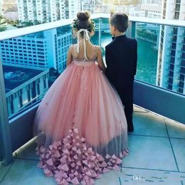 Dusty roze bloem meisje jurken voor bruiloften kristallen spaghetti riemen meisjes pageant jurk bloemblaadjes appliques lange kinderen feestjurken formele slijtage