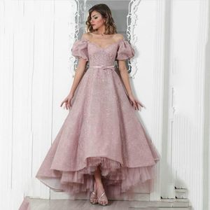 Dusty Pink Hallo Lo Juliet Korte Mouwen Party Prom Dresses 2019 Off The Shoulder Lace Gedraped Ribbon Princess Cocktail Graduation Homecoming