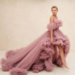 Stoffige roze hoge lage avondjurk jurk van de schouder lange tule dames prom formele jurk fotoshoot robe de soiree 2023 nieuw